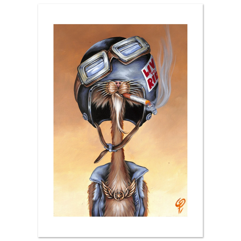 Illustration of a cat wearing a helmet with goggles and a 'Live to Ride sign, smoking a cigarette.
