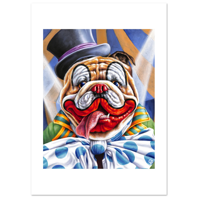 Colorful illustration of a bulldog wearing a clown outfit with a top hat on a white background.