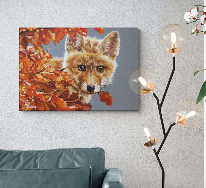 Fox Wall Art On Canvas Beside Lamp And Grey Sofa
