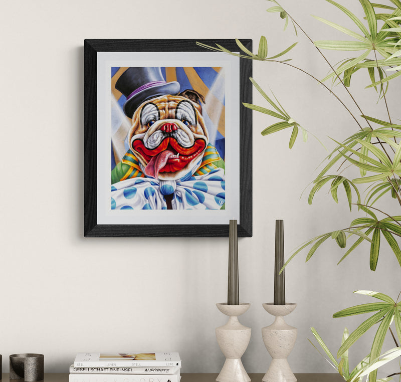 Framed artwork of a cartoon bulldog with a top hat on a wall with decorative elements.