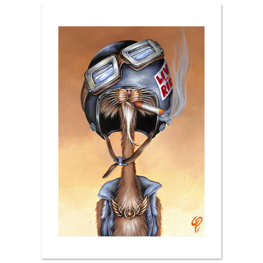 Illustration of a cat wearing a helmet with goggles and a 'Live to Ride  sign, smoking a cigarette.