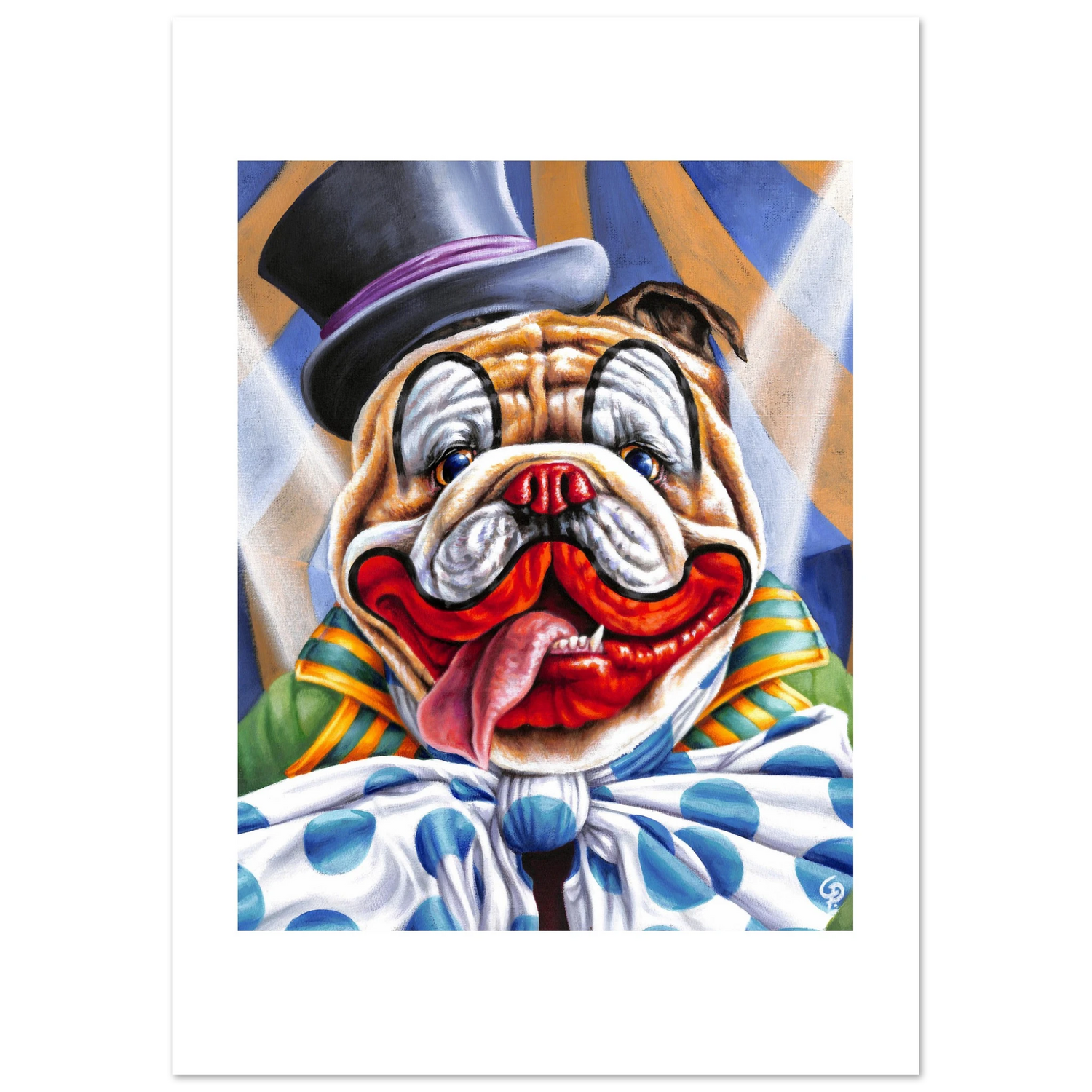 Colorful illustration of a bulldog wearing a clown outfit with a top hat on a white background.
