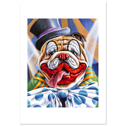 Colorful illustration of a bulldog wearing a clown outfit with a top hat on a white background.