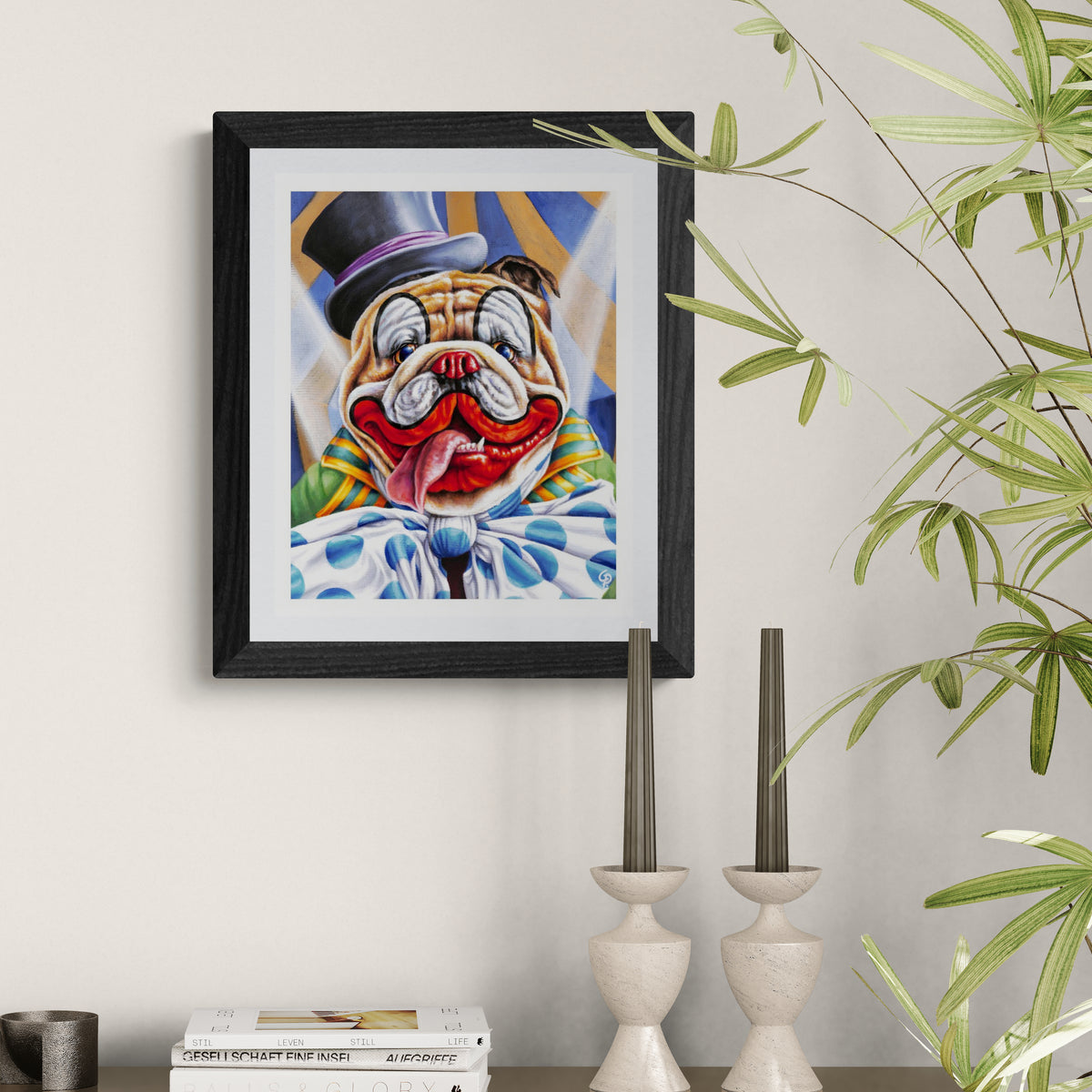 Framed artwork of a cartoon bulldog with a top hat on a wall with decorative elements.