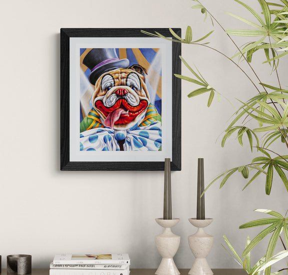 Framed artwork of a cartoon bulldog with a top hat on a wall with decorative elements.