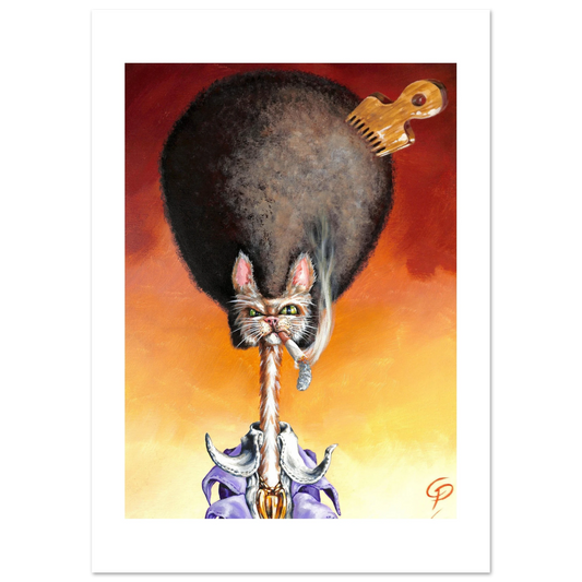 Illustration of a cat with a large bushy tail against a gradient background