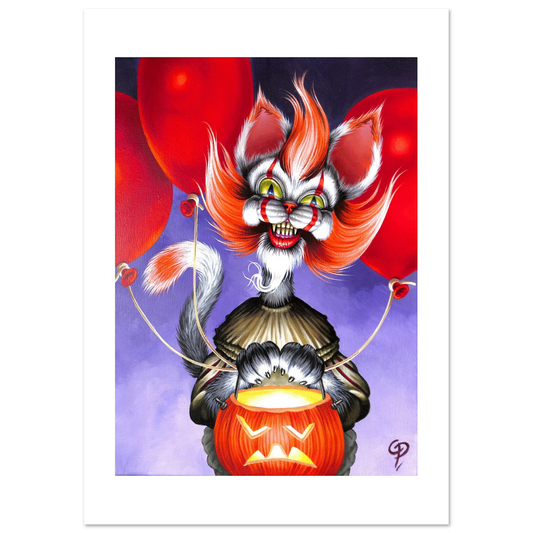 Cat with clown makeup and red hair holding a jack-o'-lantern against a purple background with red balloons.