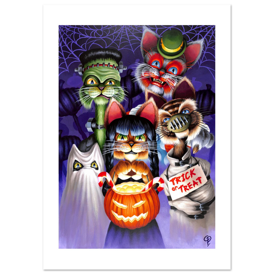 Cartoon cats in Halloween costumes on a purple background