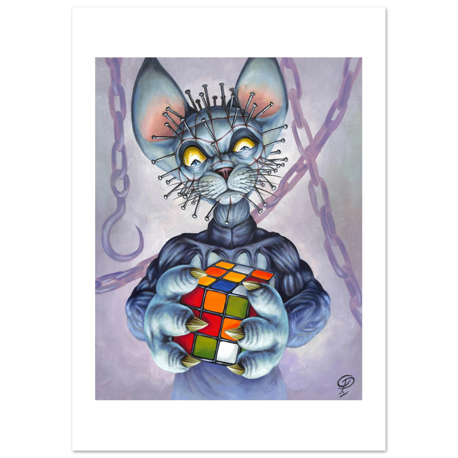 Artistic illustration of a cat creature holding a Rubik's Cube with a mystical background.