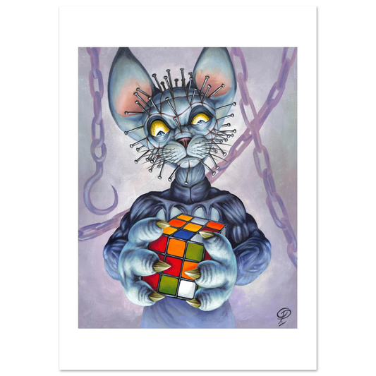 Artistic illustration of a cat creature holding a Rubik's Cube with a mystical background.
