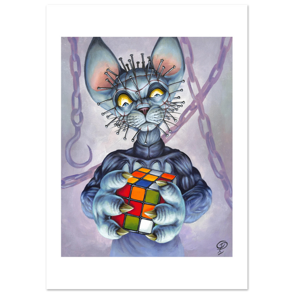 Artistic illustration of a cat creature holding a Rubik's Cube with a mystical background.