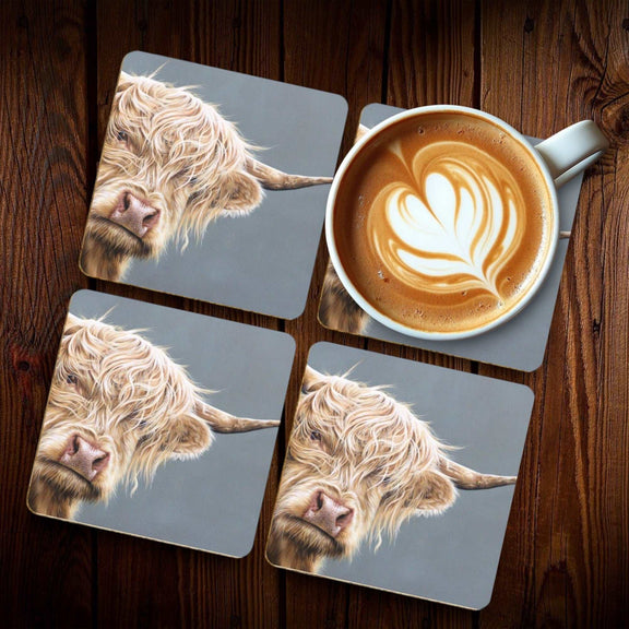 Highland Cow Coasters With Latte Mug