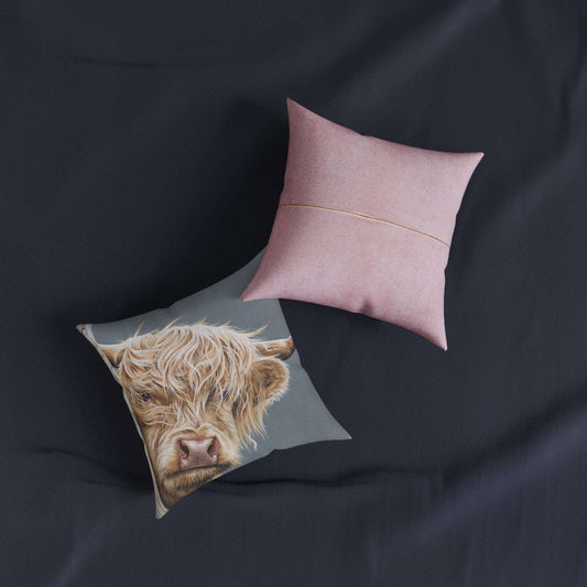 Highland Cow Square Pillow - Pink Back