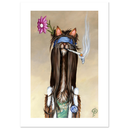 Illustration of a cat with long hair, a flower, and a smoking cigarette on a beige background