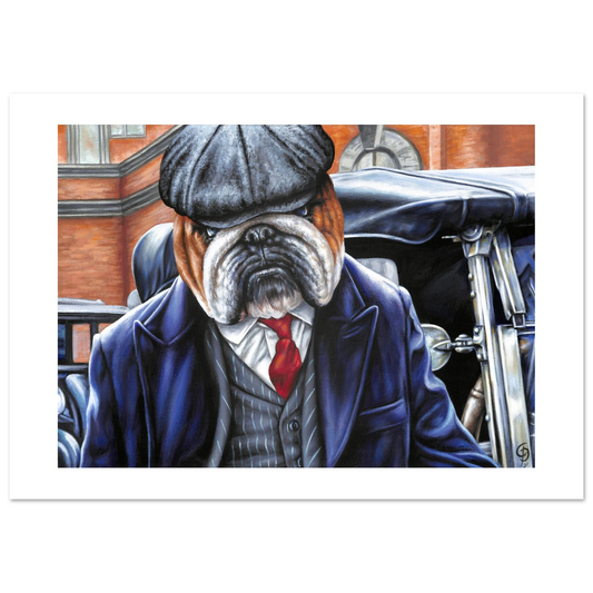 Artistic depiction of a bulldog in formal attire sitting in a vintage car.