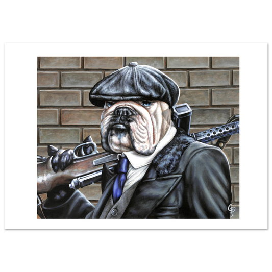 Dog wearing a coat, hat, and tie with a rifle against a brick wall.