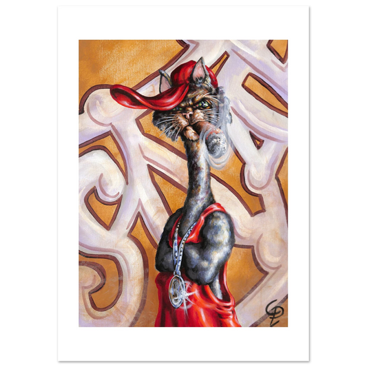 Artistic depiction of a cat wearing a red outfit with decorative elements on a white background