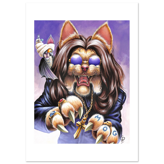 Cartoon cat with sunglasses and a robe holding a 'Mog' pendant on a purple background