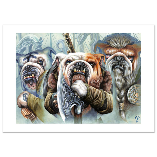 Artistic illustration of three viking bulldogs with warrior armor and weapons on a white background