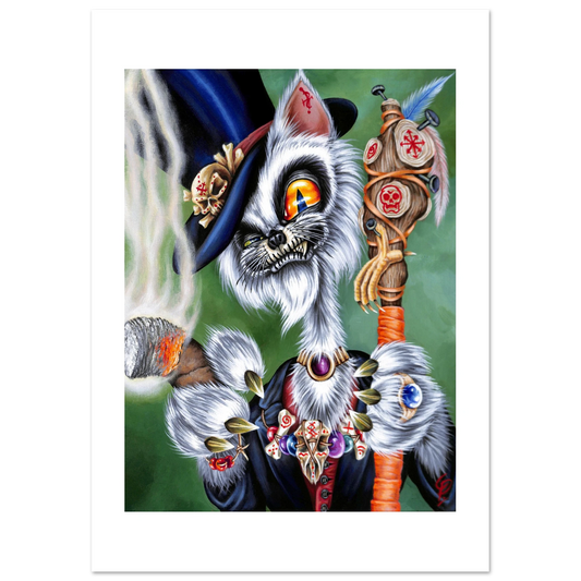 Fantasy cat character with a top hat, staff, and colorful attire on a green background