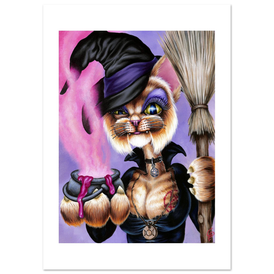 Cartoon cat in a witch costume with a broom and cauldron on a purple background