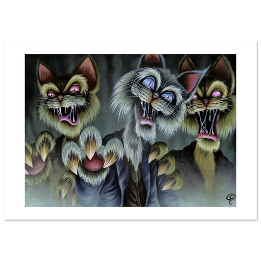 Three cartoonish cat-like creatures with open mouths showing teeth on a dark background.